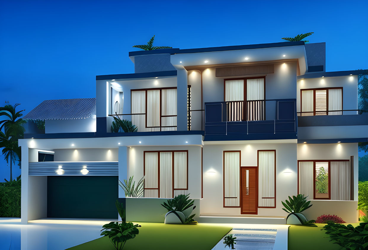 Two-story house at dusk with balcony, flat roof, garage, and manicured lawn