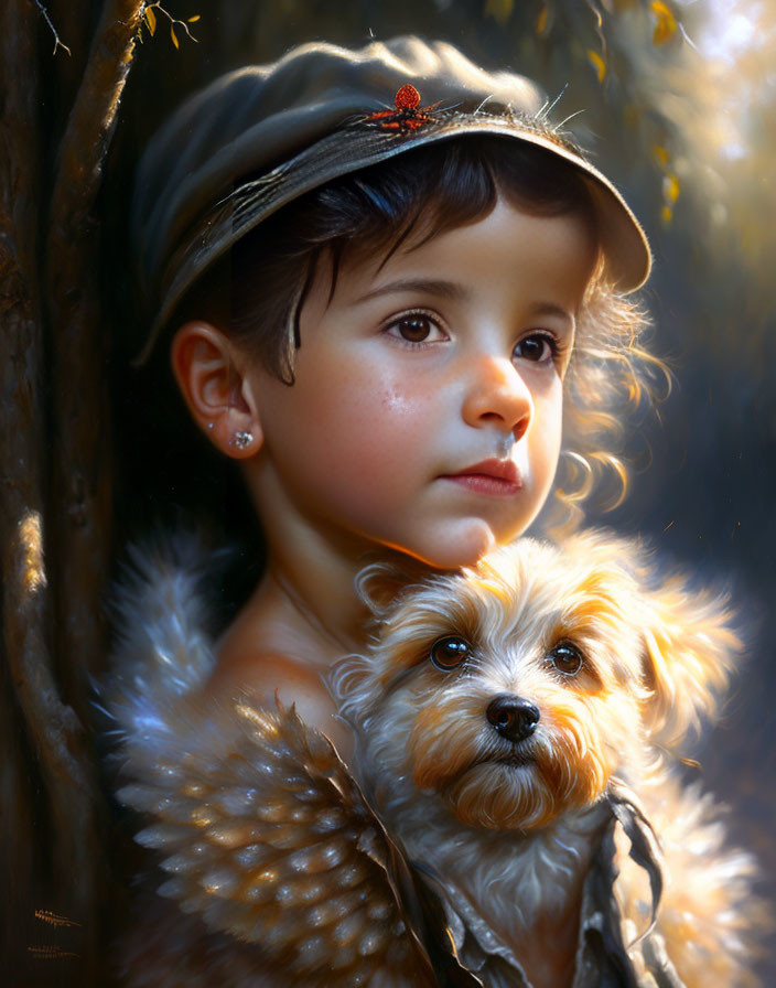 Young girl in cap and dog in fur coat share a tender moment in natural setting with ladybug.