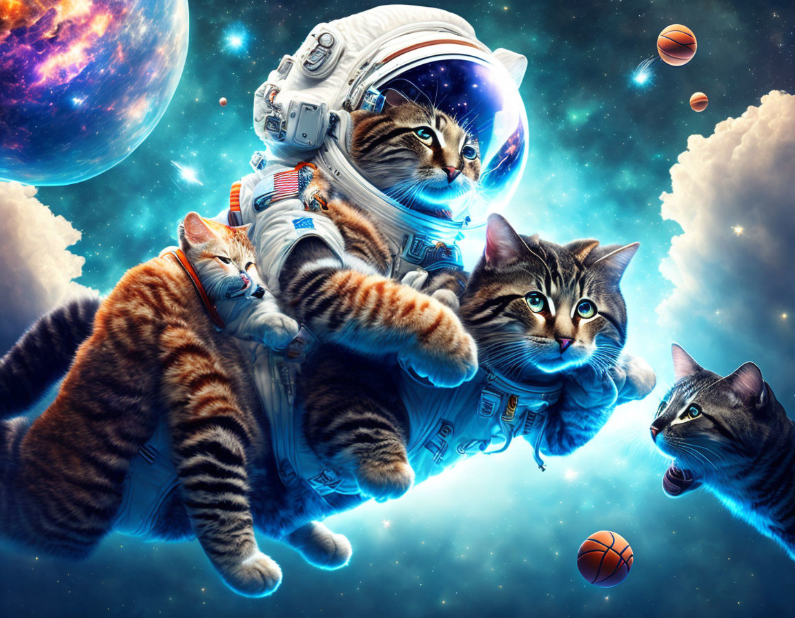 Whimsical digital artwork: Cats in space with astronaut suit, floating among stars, planets, and