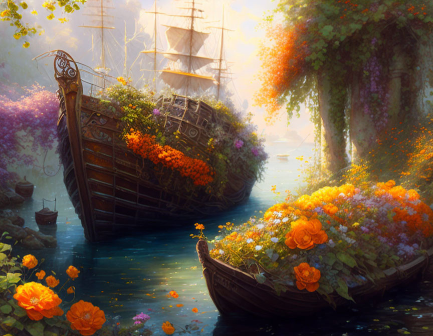 Colorful flowers cover old sailboat in tranquil river forest.