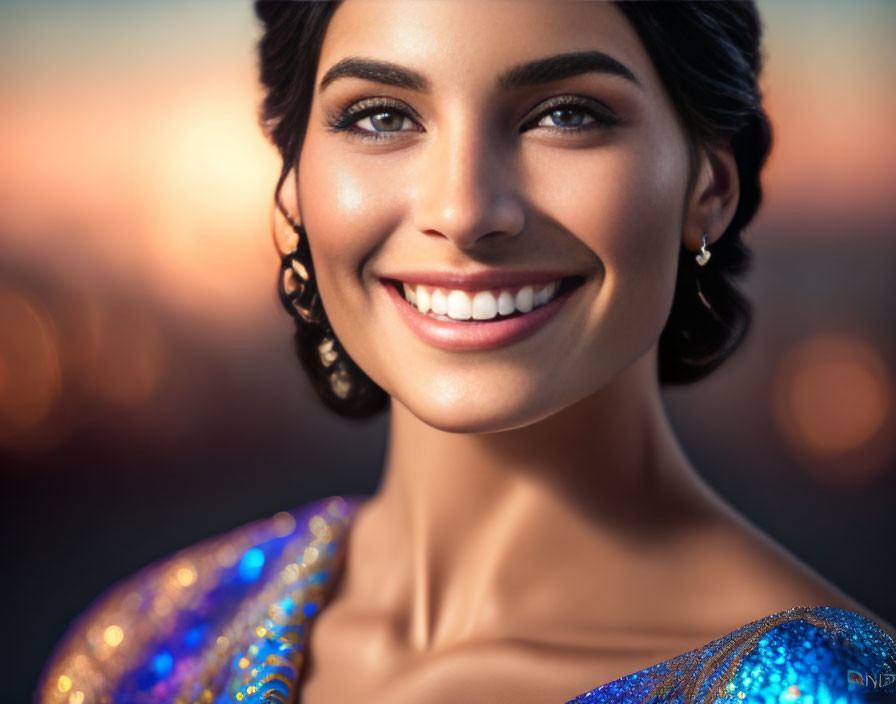 Smiling woman in sparkling blue attire with sunset background