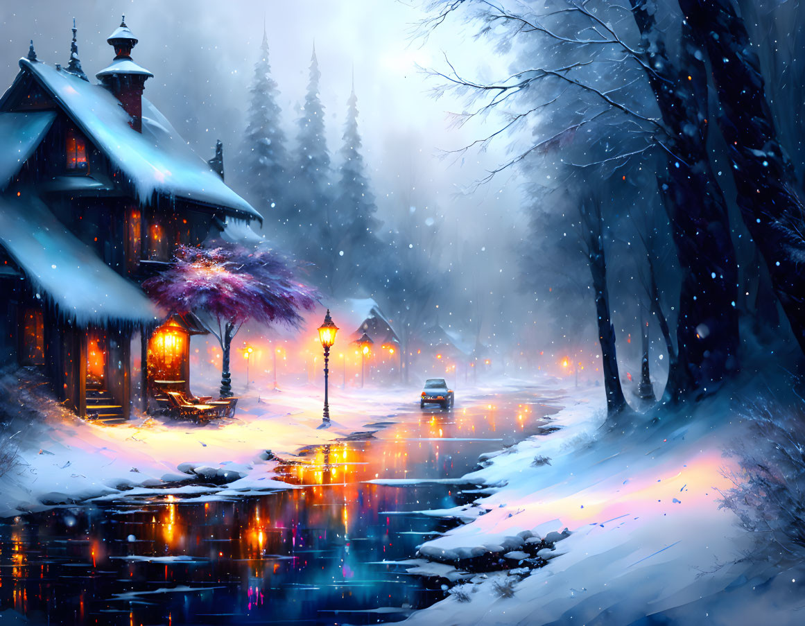 Winter landscape: cozy cottage, street lamps, purple tree, car on snow-covered road.