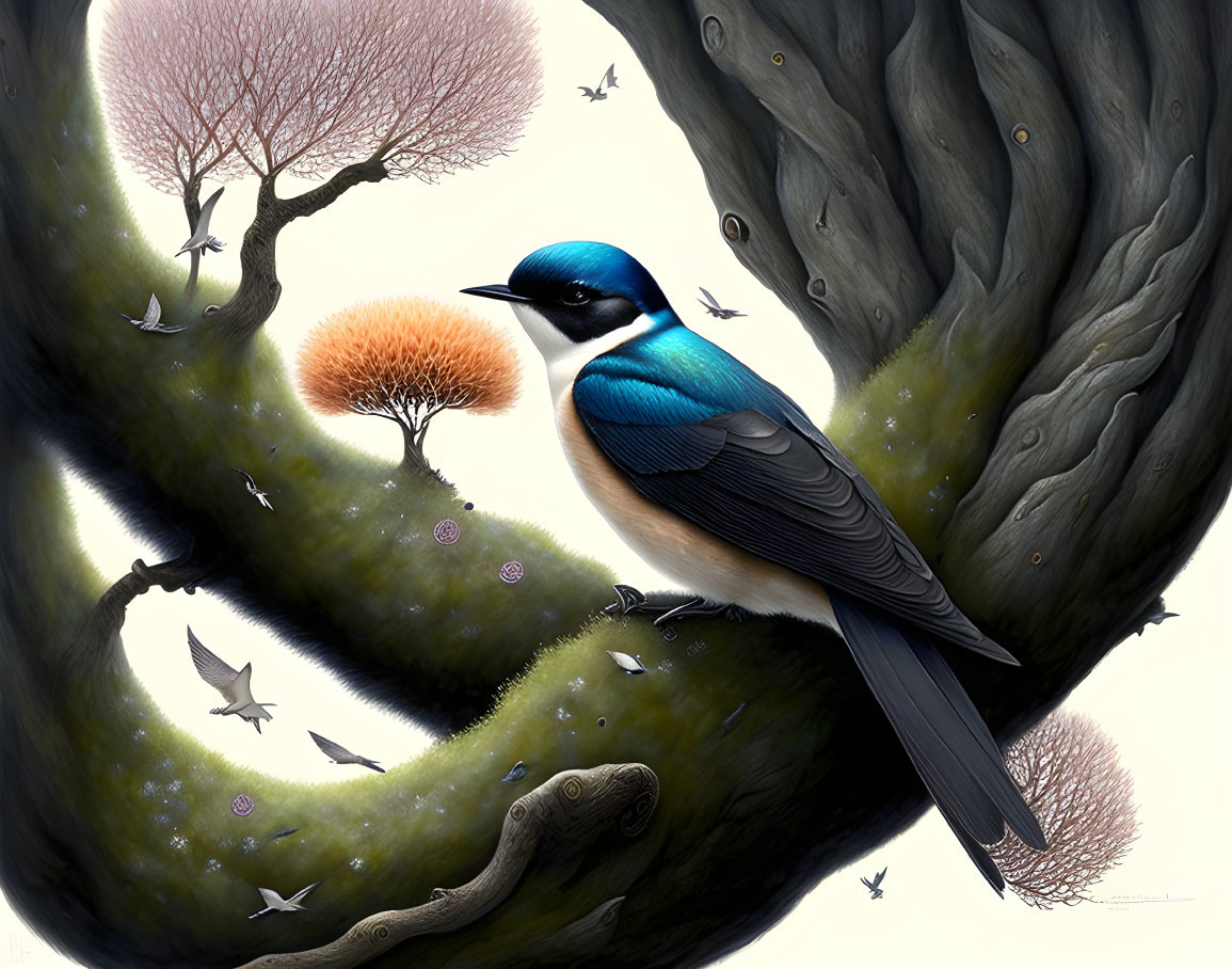 Colorful Bird Illustration on Gray Tree Branch with Miniature Trees and Flying Birds