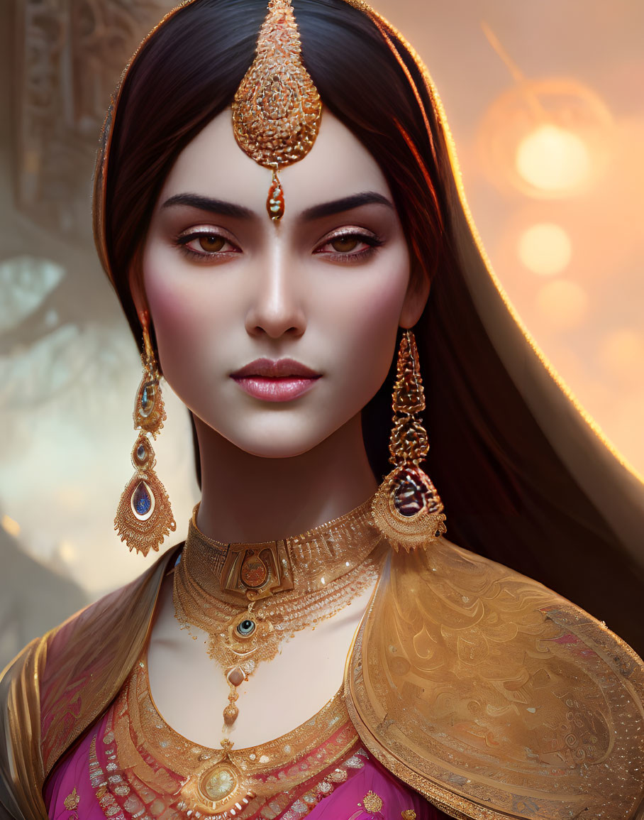 Elaborate Gold Jewelry on Woman in Traditional South Asian Attire