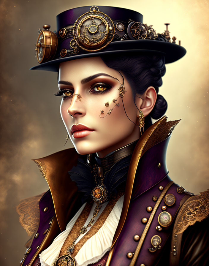 Steampunk-themed digital portrait of a woman in ornate outfit