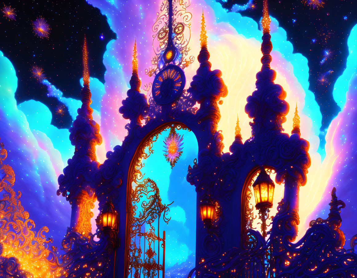 Intricate Cosmic Gate Under Starry Sky in Blue and Purple Hue