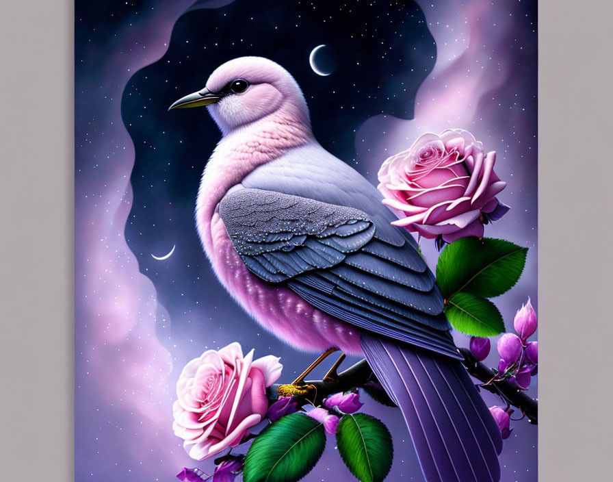 Pink bird on branch with roses in cosmic background