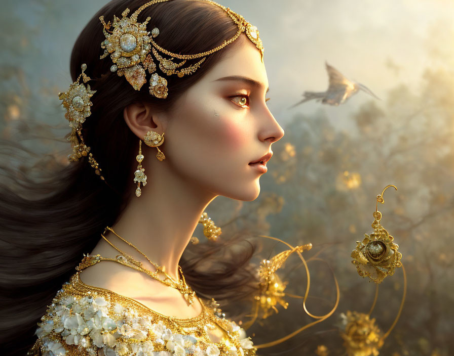 Regal woman in golden jewelry and tiara in ethereal natural scene.