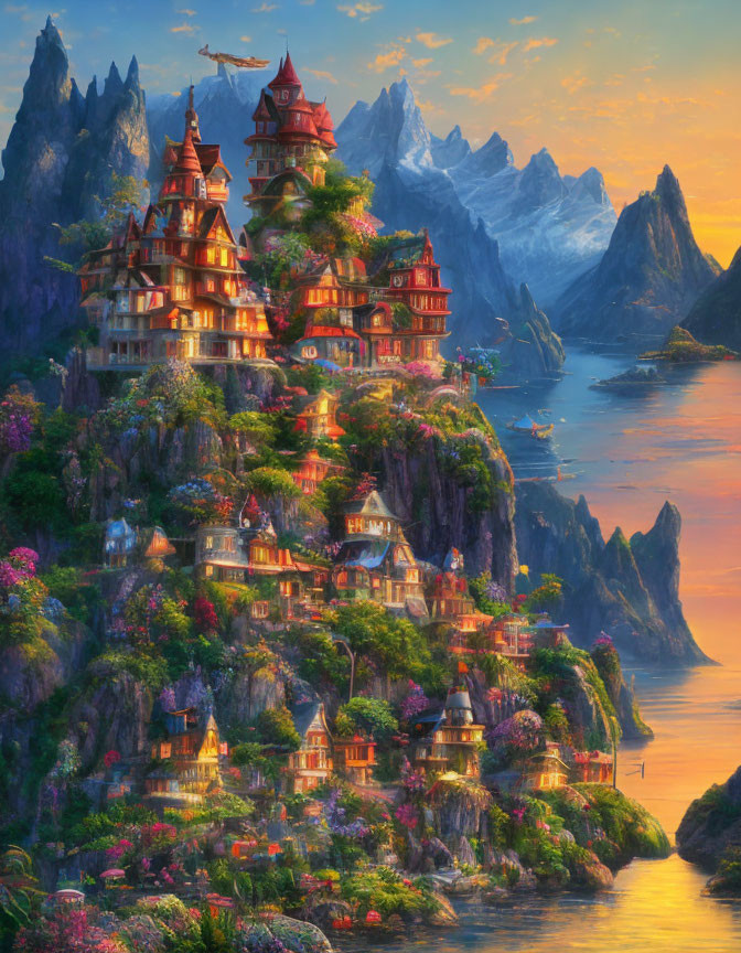 Fantasy mountainside village with pagodas, blossoming trees, and river at sunset