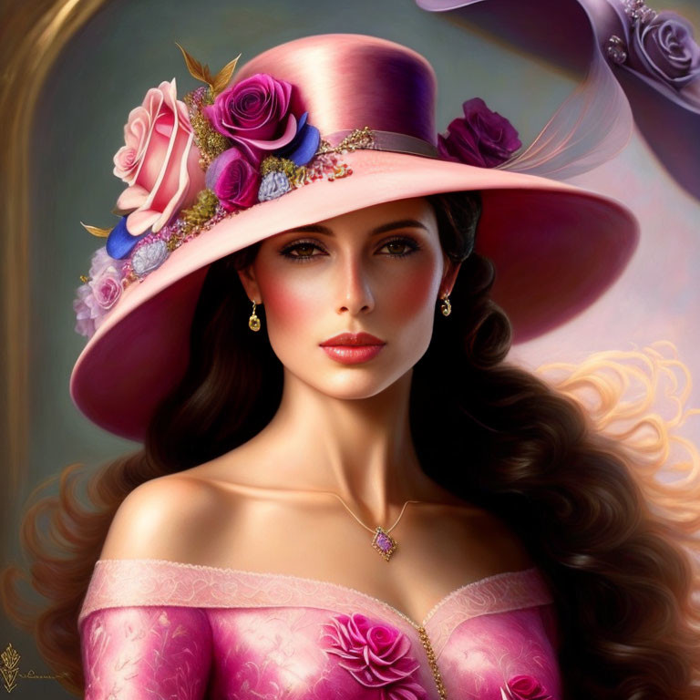 Digital artwork of woman in pink hat, dress, jewelry, with wavy hair