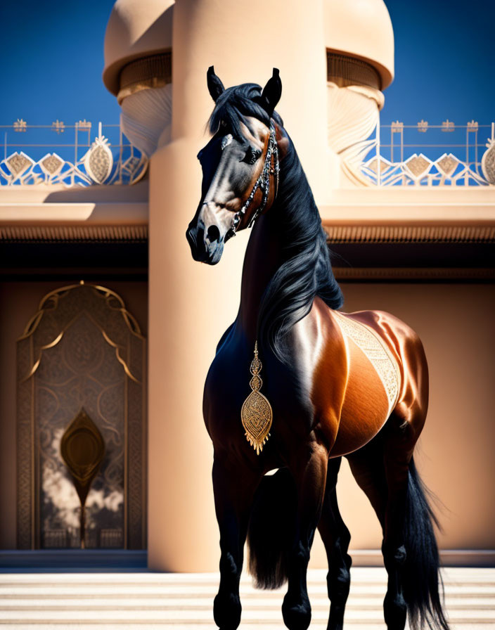 Black horse with ornate bridle in elegant Arabian courtyard.