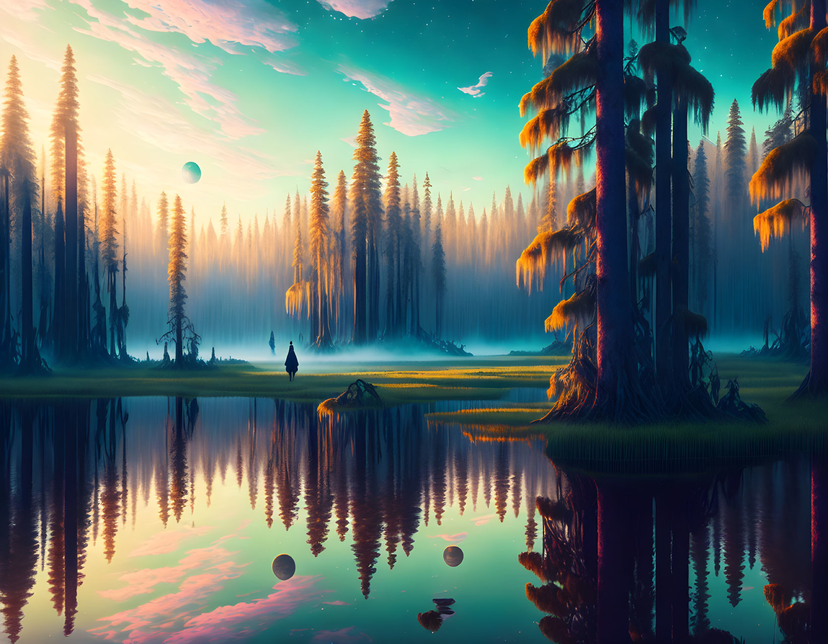 Tranquil twilight landscape with reflective lake, silhouetted trees, mist, and colorful sky