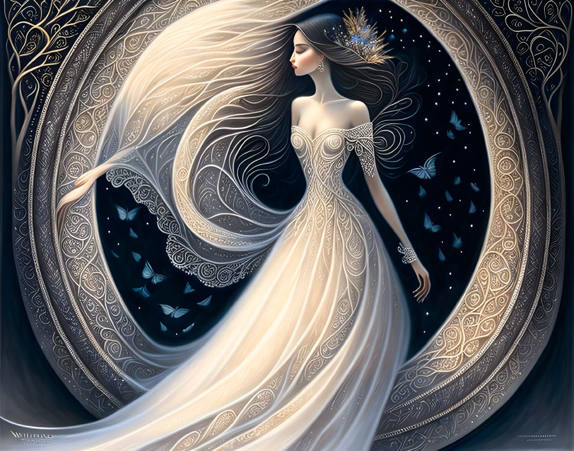 Ethereal woman in white gown with starry night sky and butterflies