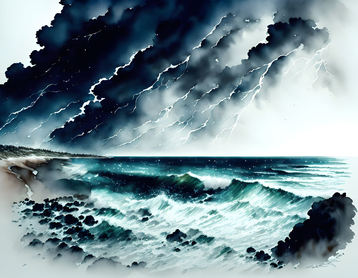 Stormy Sea Artwork with Lightning Strikes and Turbulent Waves