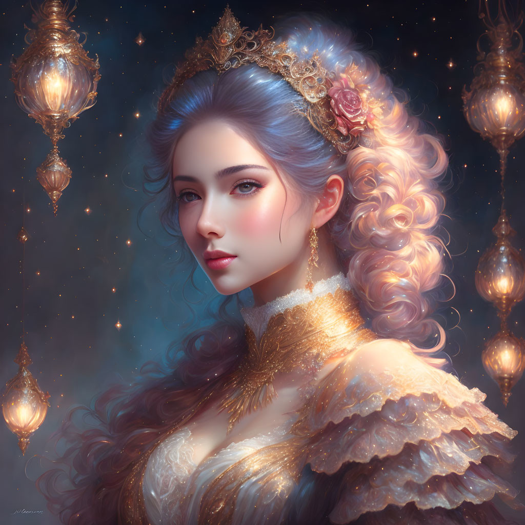 Regal woman in golden crown with ornate attire and luminous lanterns