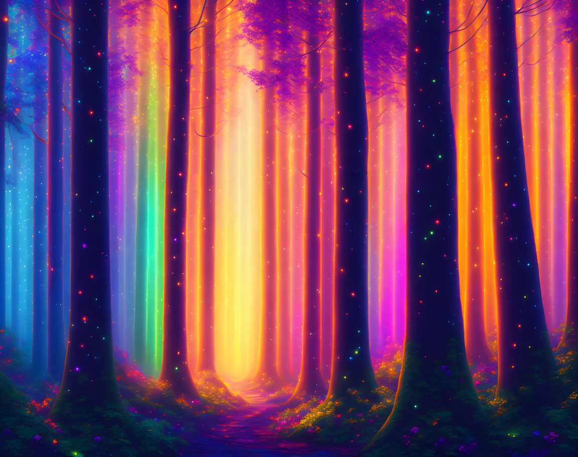 Colorful mystical forest with neon-lit trees and radiant particles