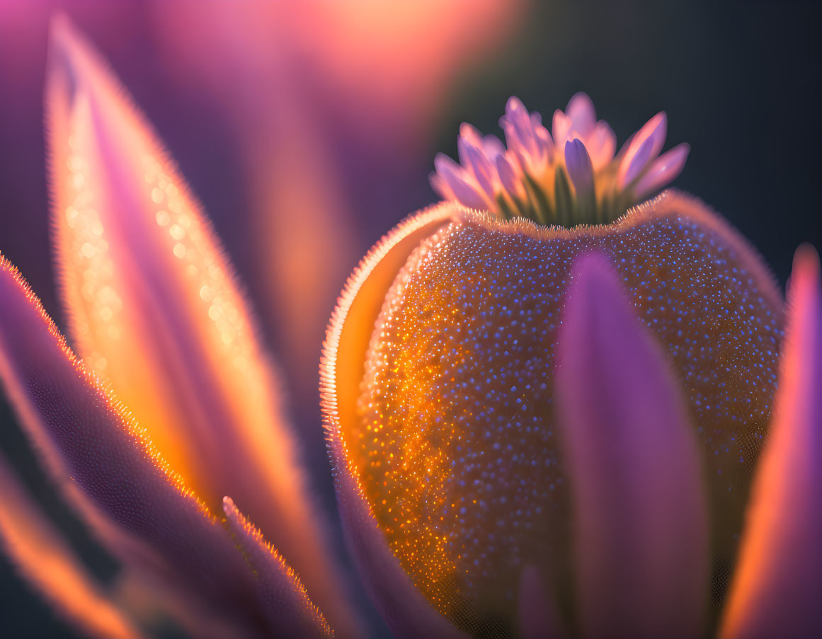 Dew-covered flower petals in warm backlit glow