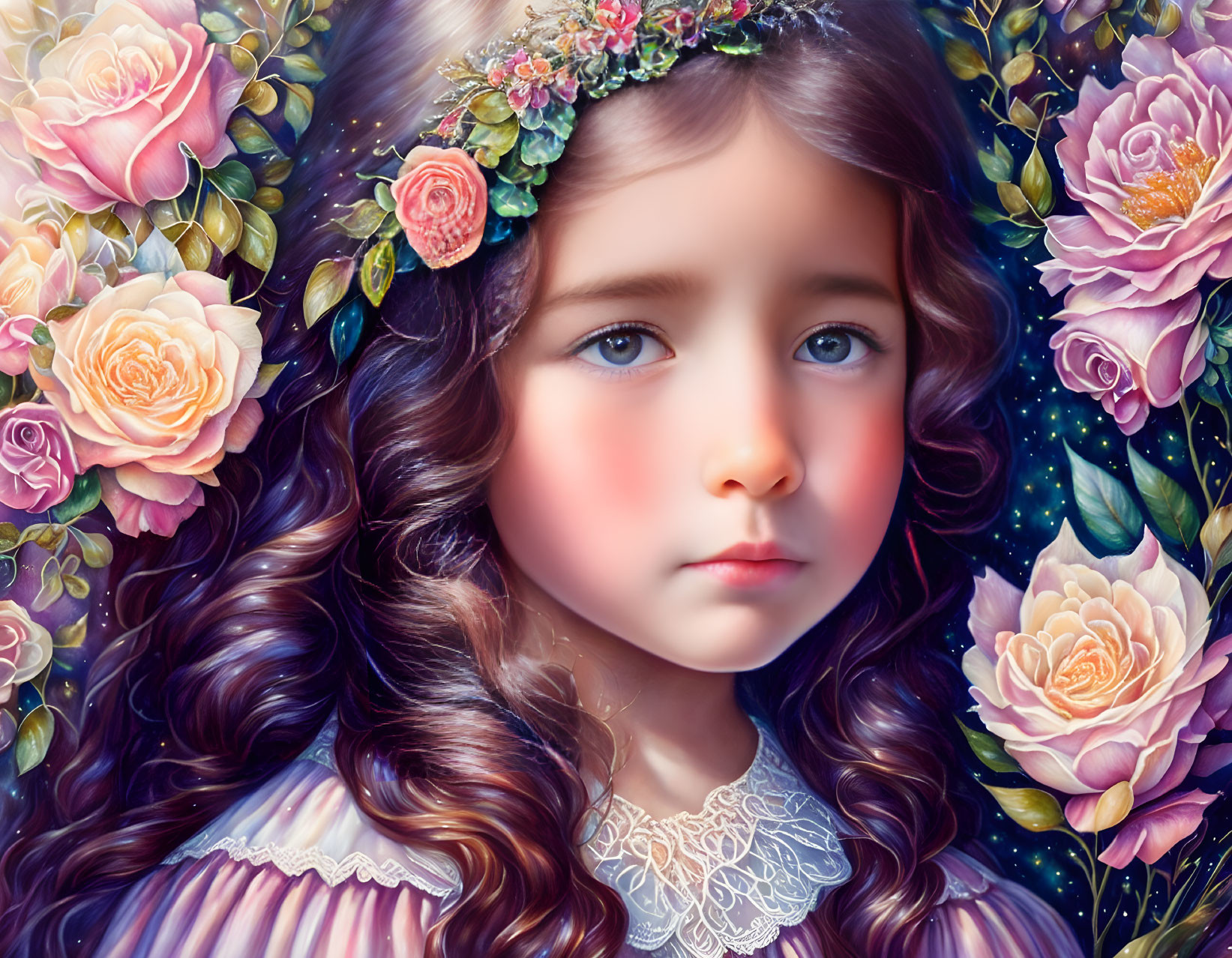 Digital artwork: Young girl with floral headband & vibrant roses in dreamy setting