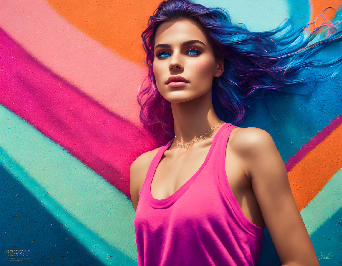 Blue-haired woman in pink top against vibrant graffiti wall