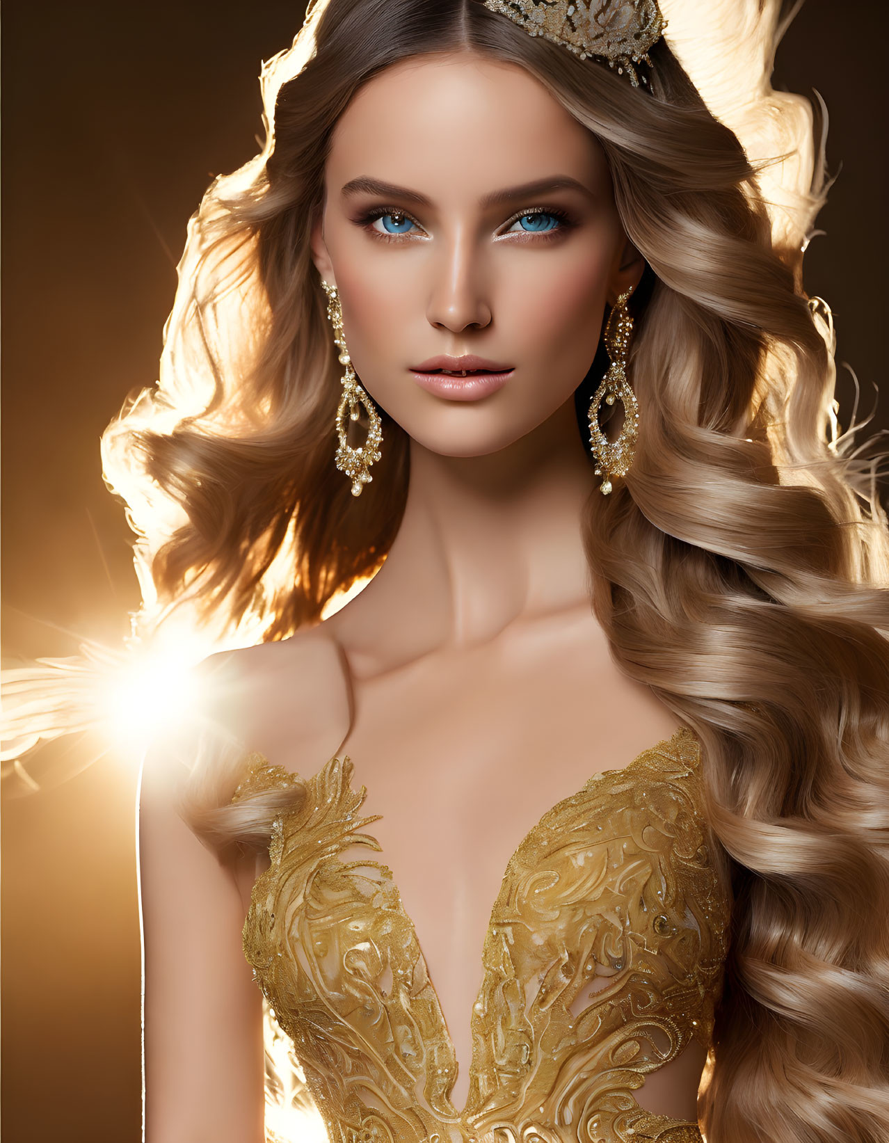 Woman with Blue Eyes and Blond Hair in Golden Crown and Dress