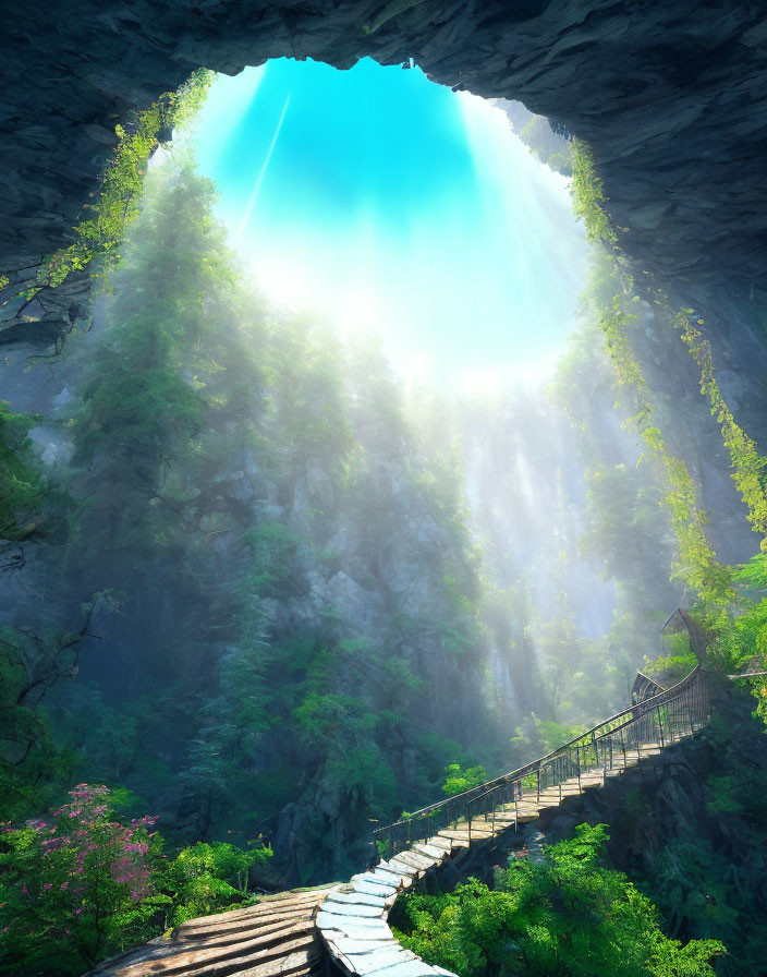 Sunlit cave entrance with greenery and stairway in misty light.