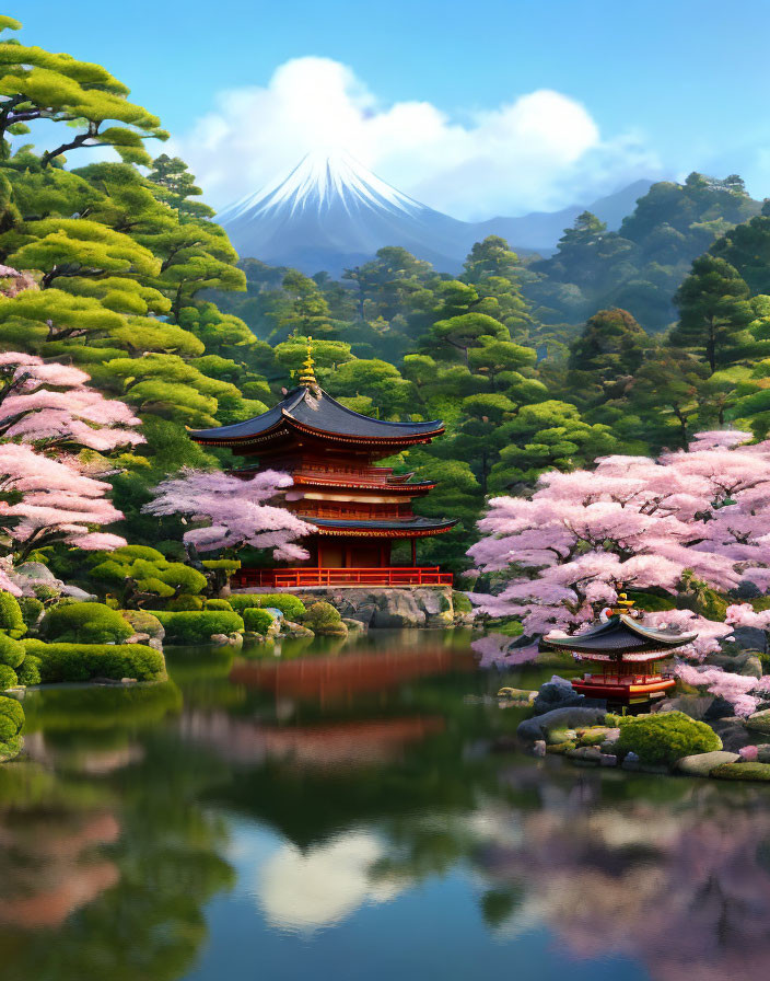 Tranquil Japanese landscape: red pagoda, cherry blossoms, Mount Fuji.