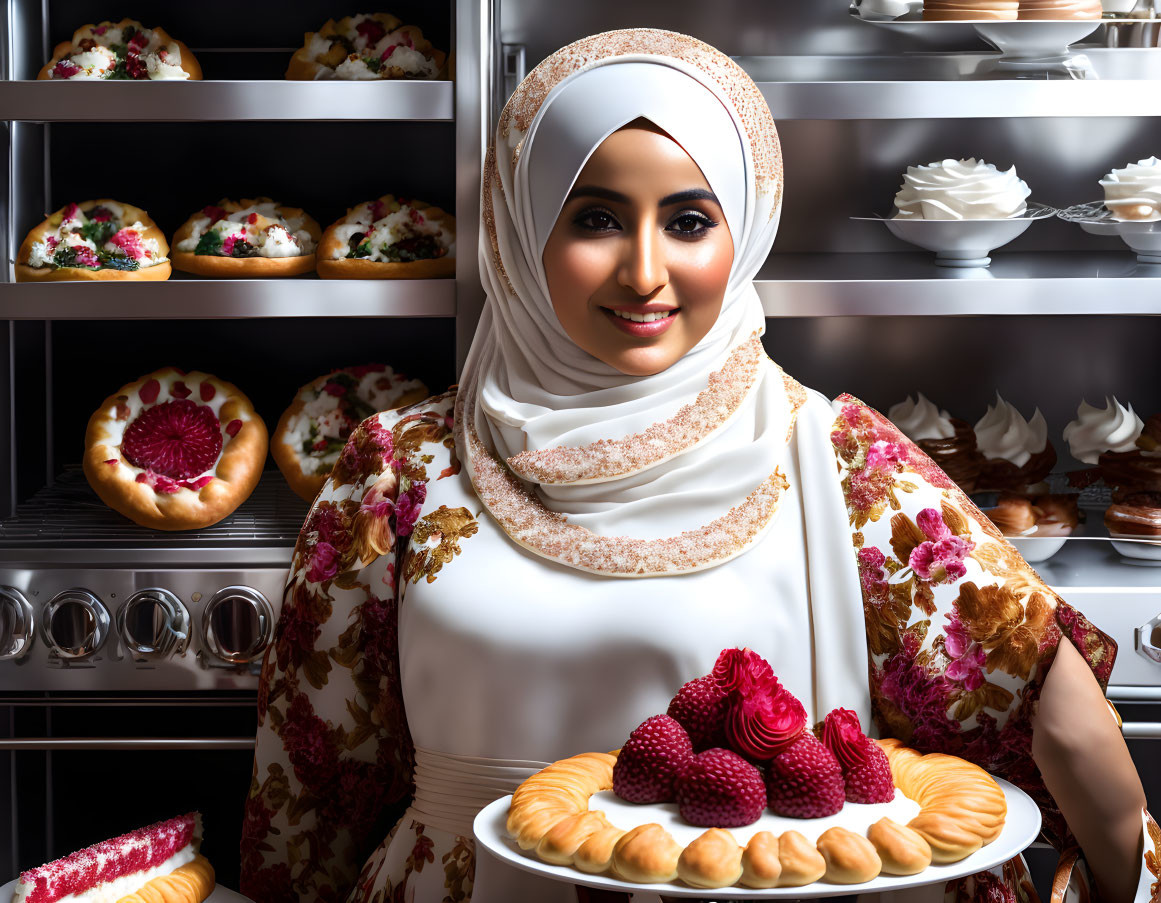 Woman in hijab serving pastries with raspberries in bakery