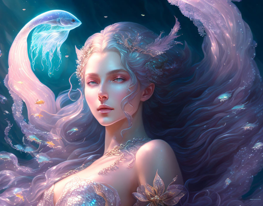 Fantasy illustration: Woman with glowing jellyfish in dark aquatic setting