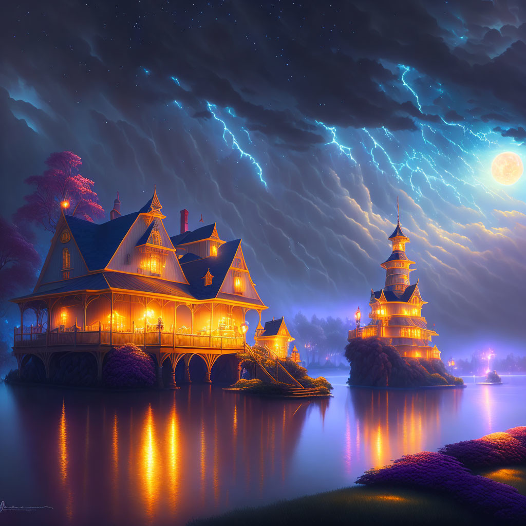 Victorian-style house by a lake in stormy night with full moon