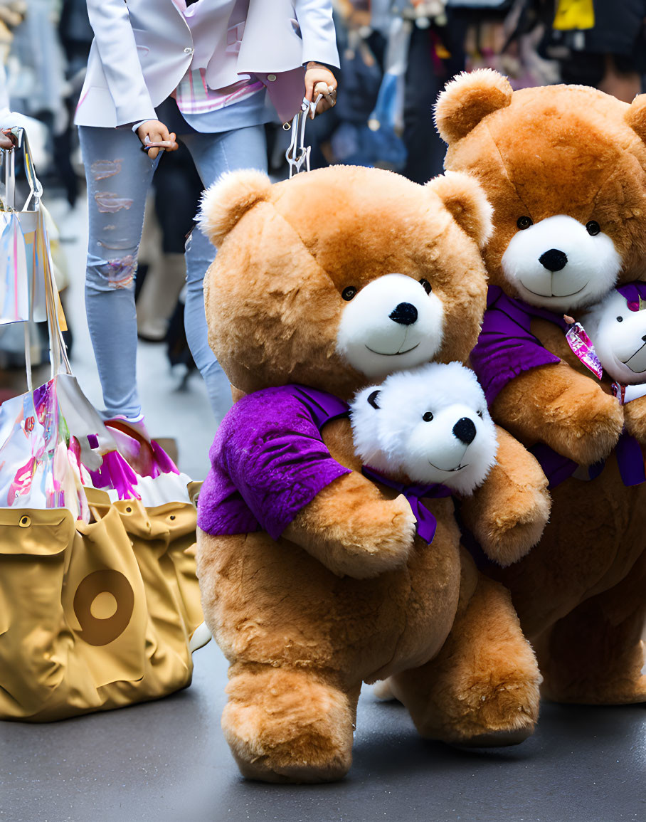 Pair of large plush teddy bears in purple shirts on busy street with person and shopping bags.