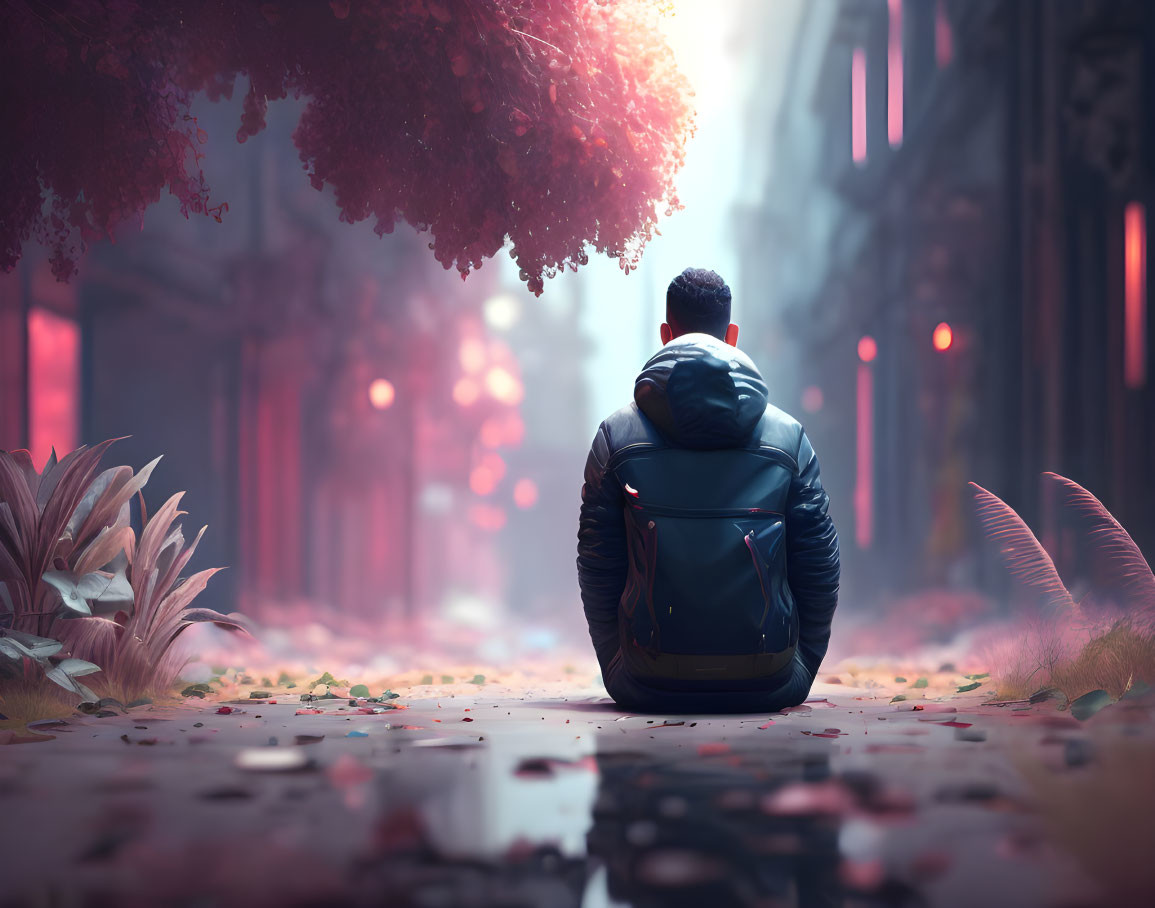 Backpacker sitting on street gazes at mystical pink forest at twilight