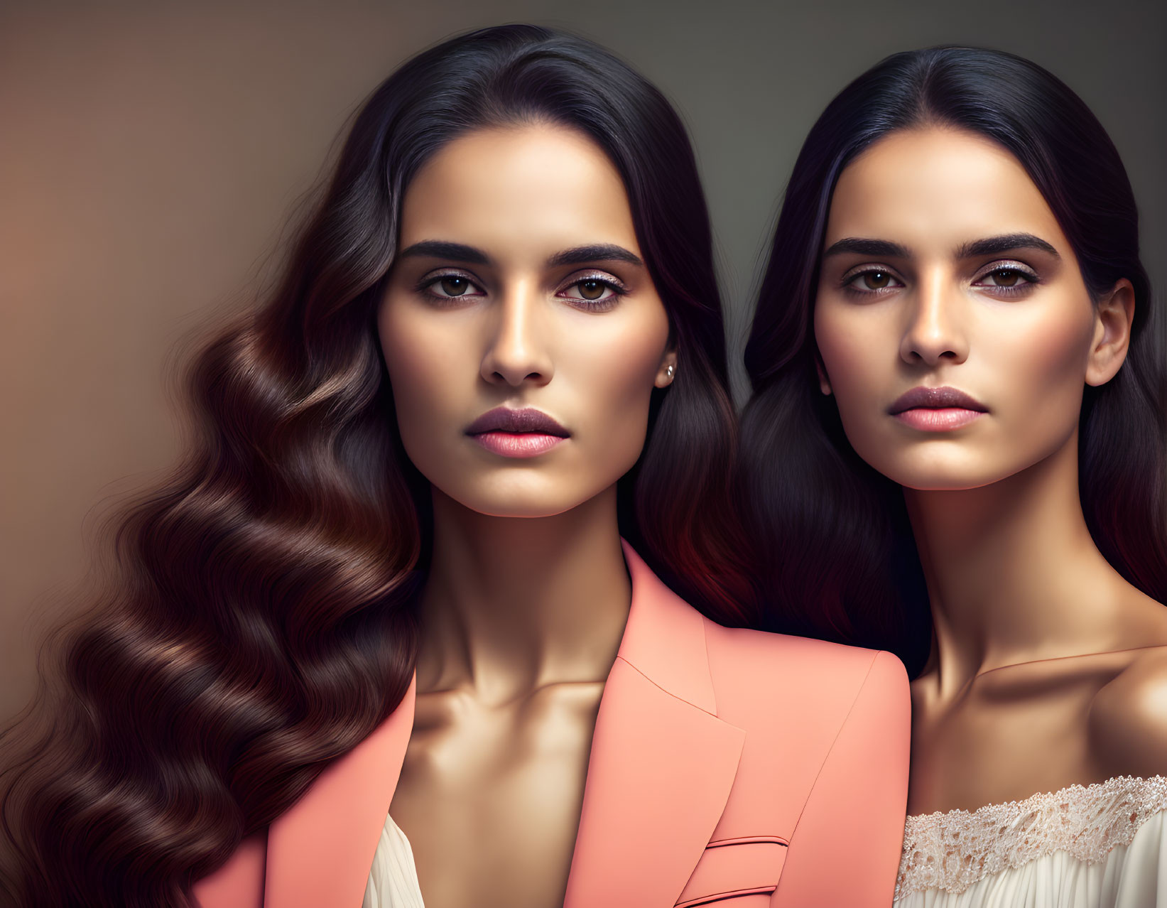 Two women with long wavy brown hair in peach blazer and white lace top against brown background.