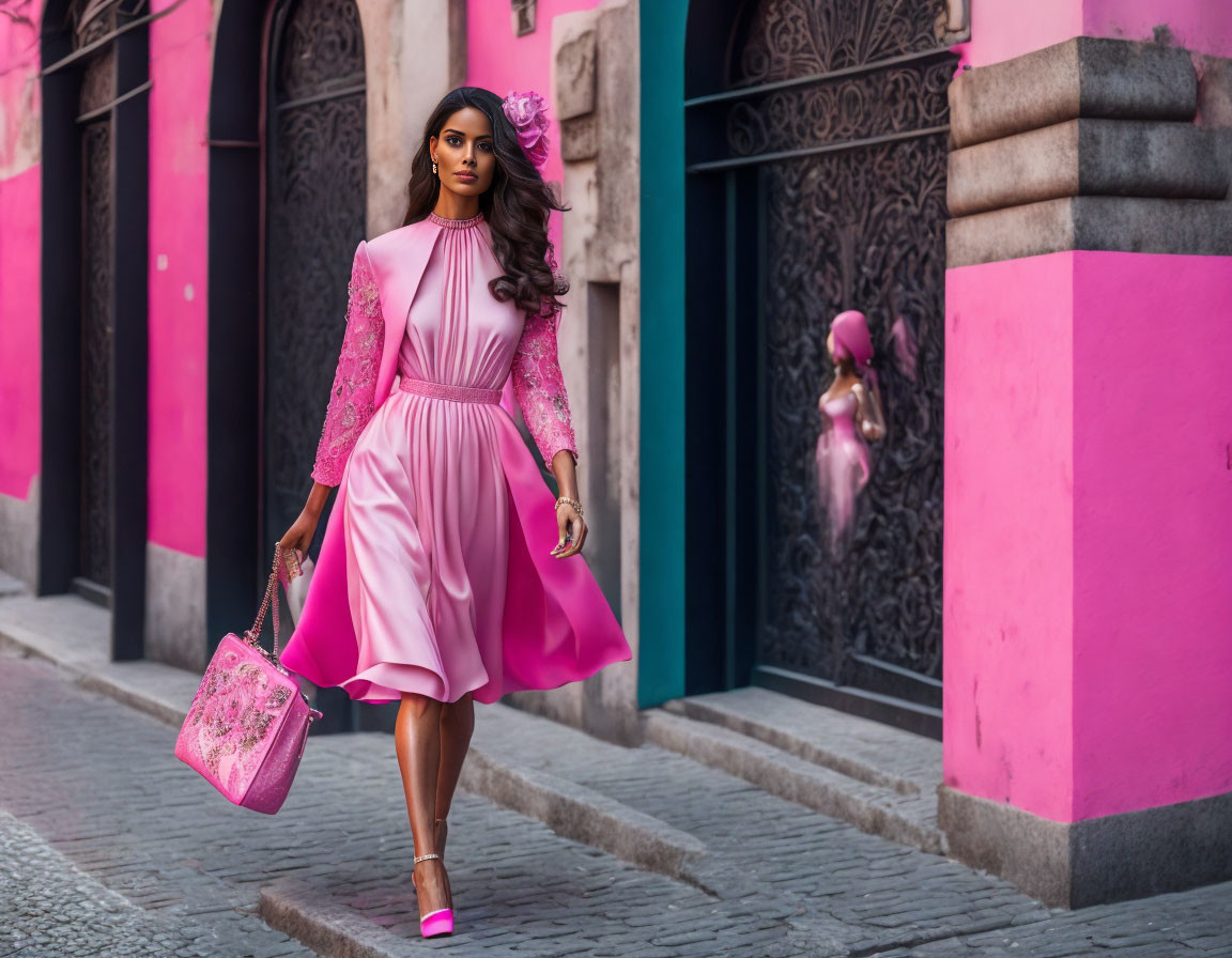 Fashionable woman in pink dress strolling on cobblestone street