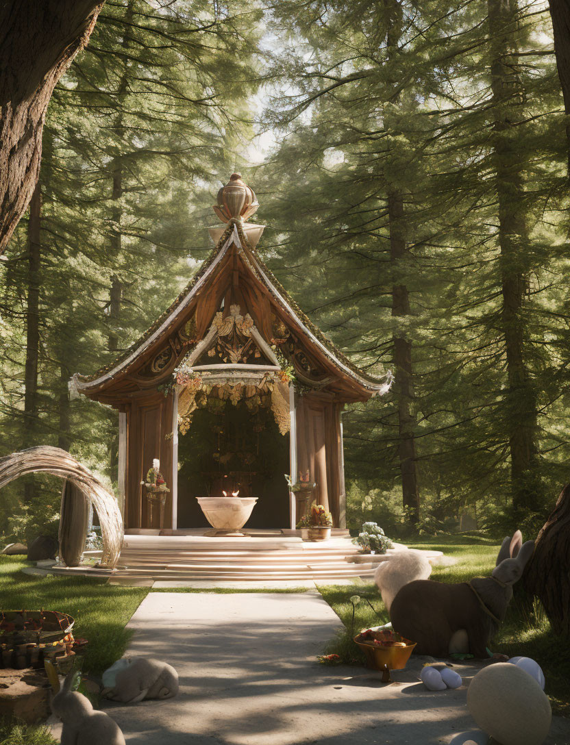 Tranquil forest scene with ornate shrine and rabbits in sunlight