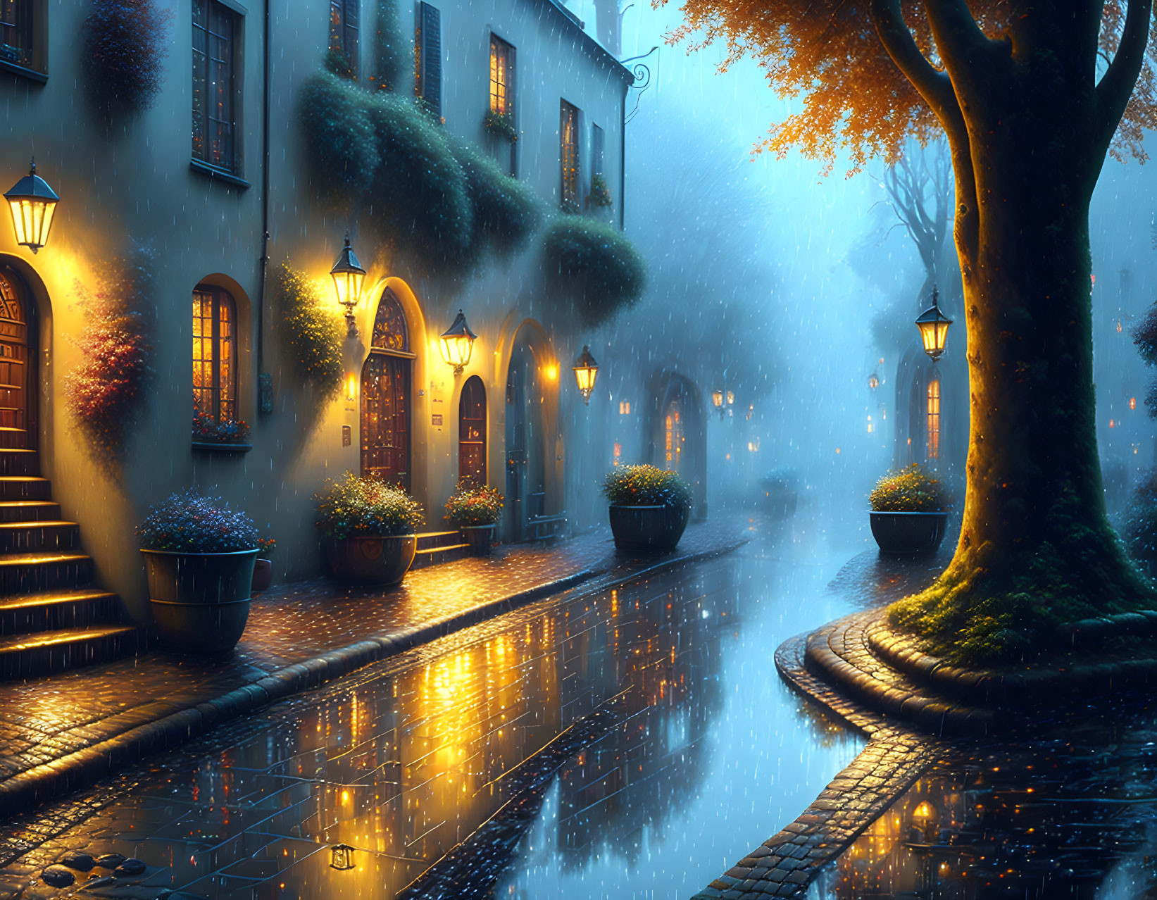 Twilight cobblestone street with lamps and potted plants in rain mist