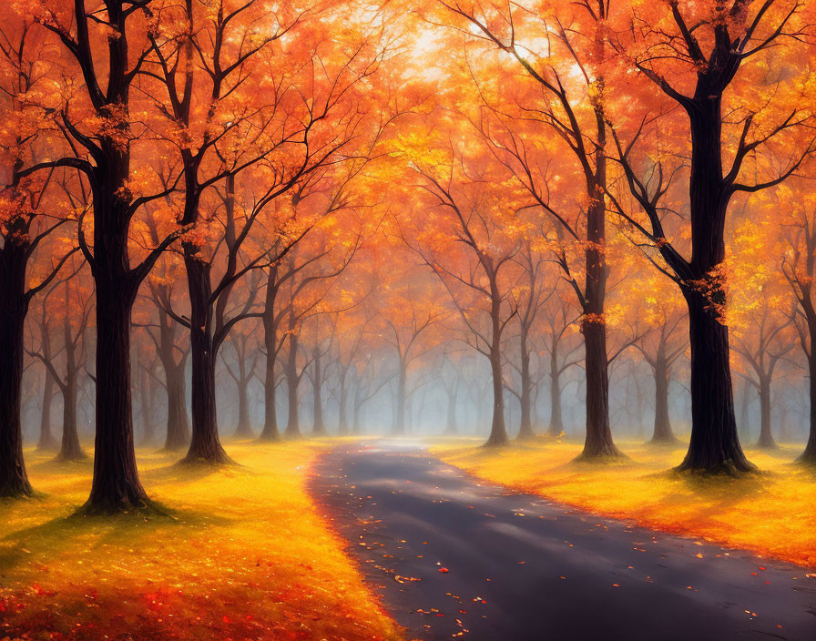 Tranquil autumn landscape with winding road and vibrant orange trees