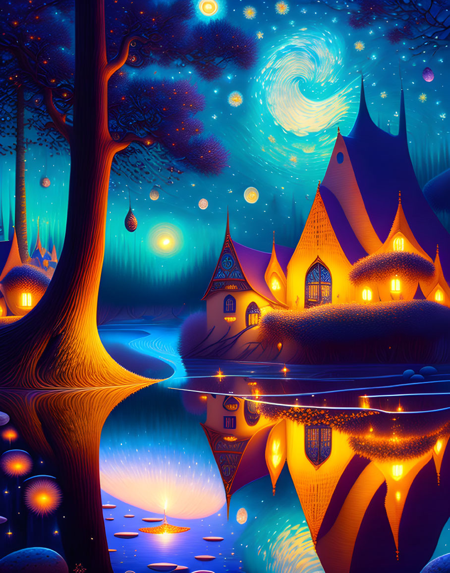 Fantasy Night Landscape with Whimsical Houses and Glowing Tree