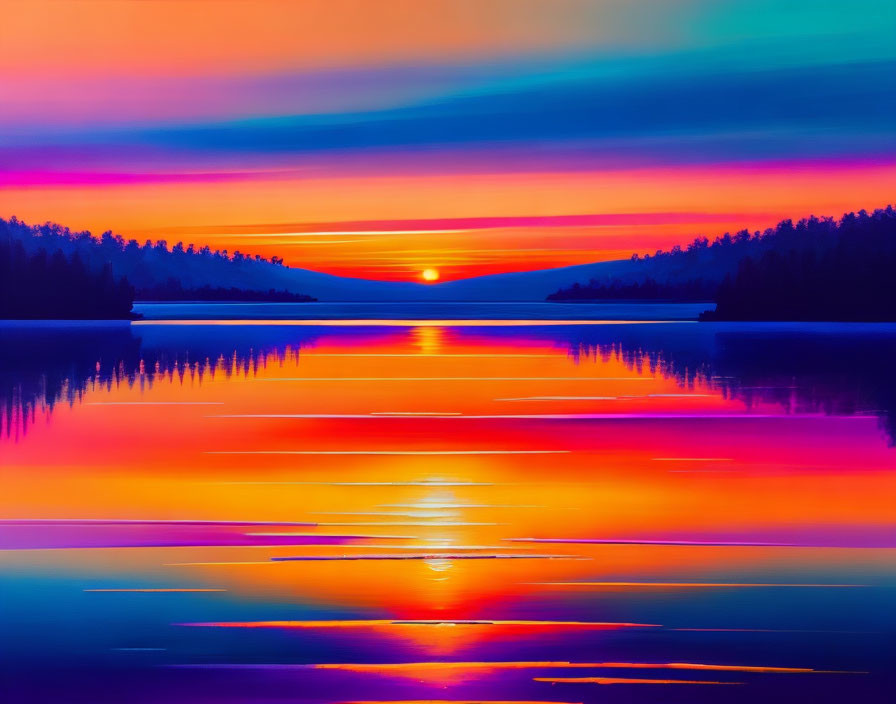 Tranquil lake sunset with orange, pink, and purple reflections