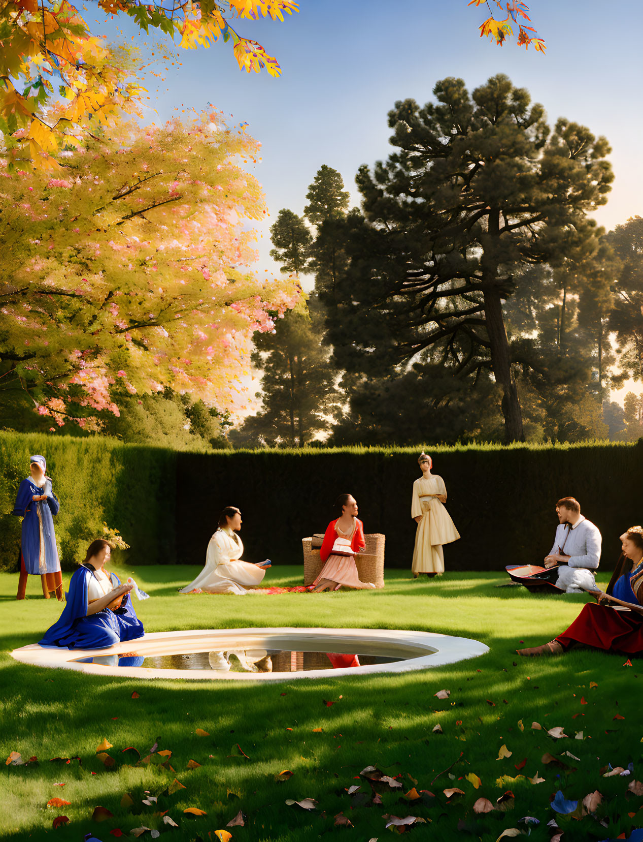 Elegant gathering in lush garden around circular water feature