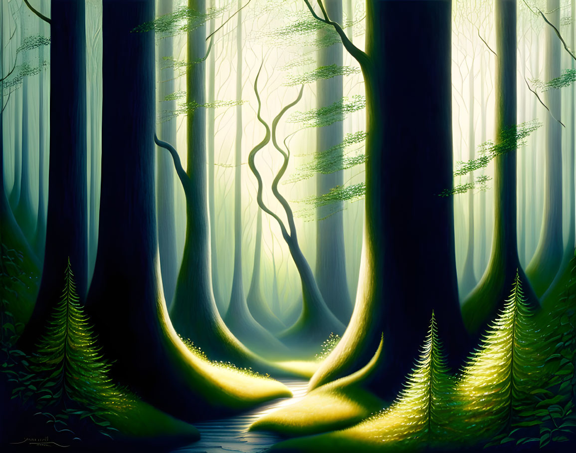 Ethereal forest scene with glowing path through twisted trees