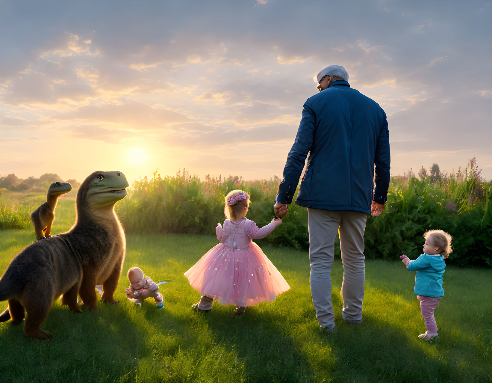 Man in blue jacket with girl in pink dress and toddler, cartoon dinosaurs in field at sunrise