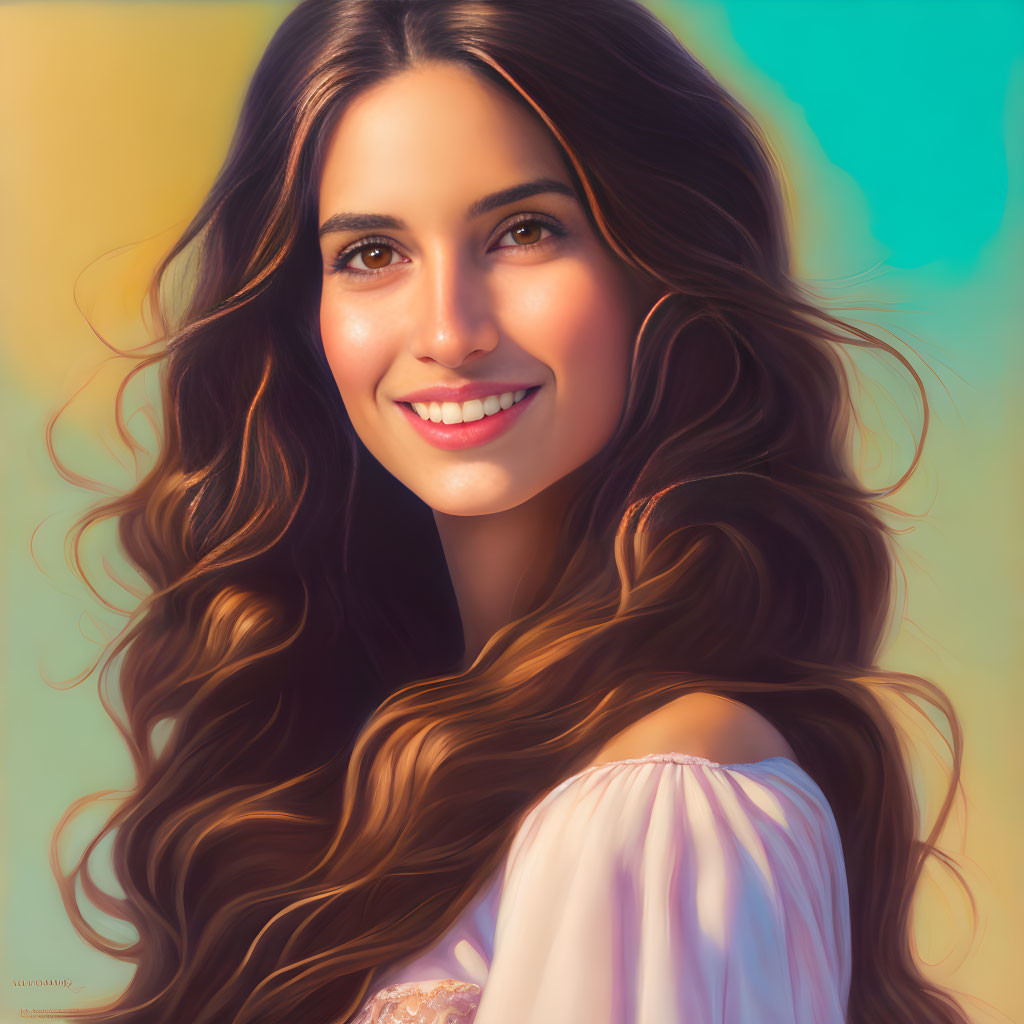 Smiling woman with long wavy brown hair in off-shoulder top