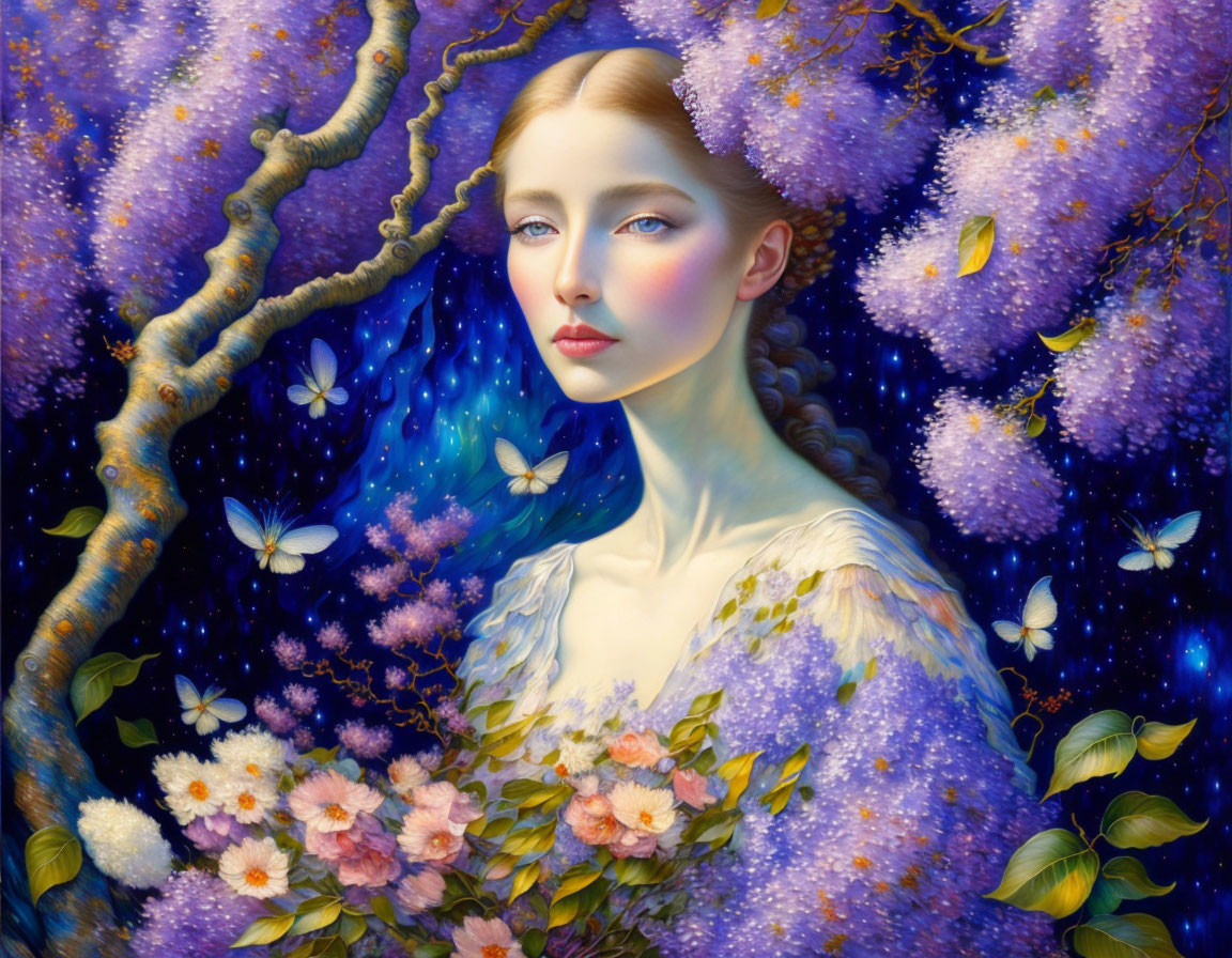 Surreal portrait of woman with alabaster skin among purple trees, butterflies, and starry