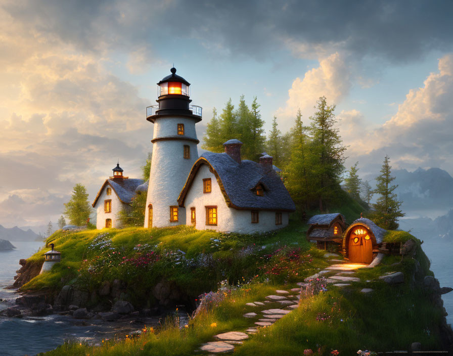 Picturesque lighthouse and cottages on rocky coastal outcrop at sunset