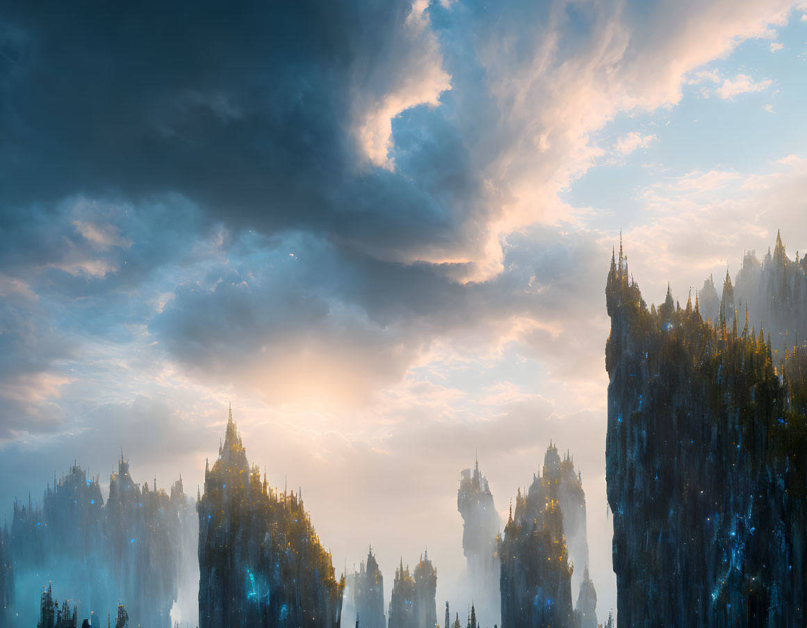 Fantasy landscape with dramatic sky and sunbeams