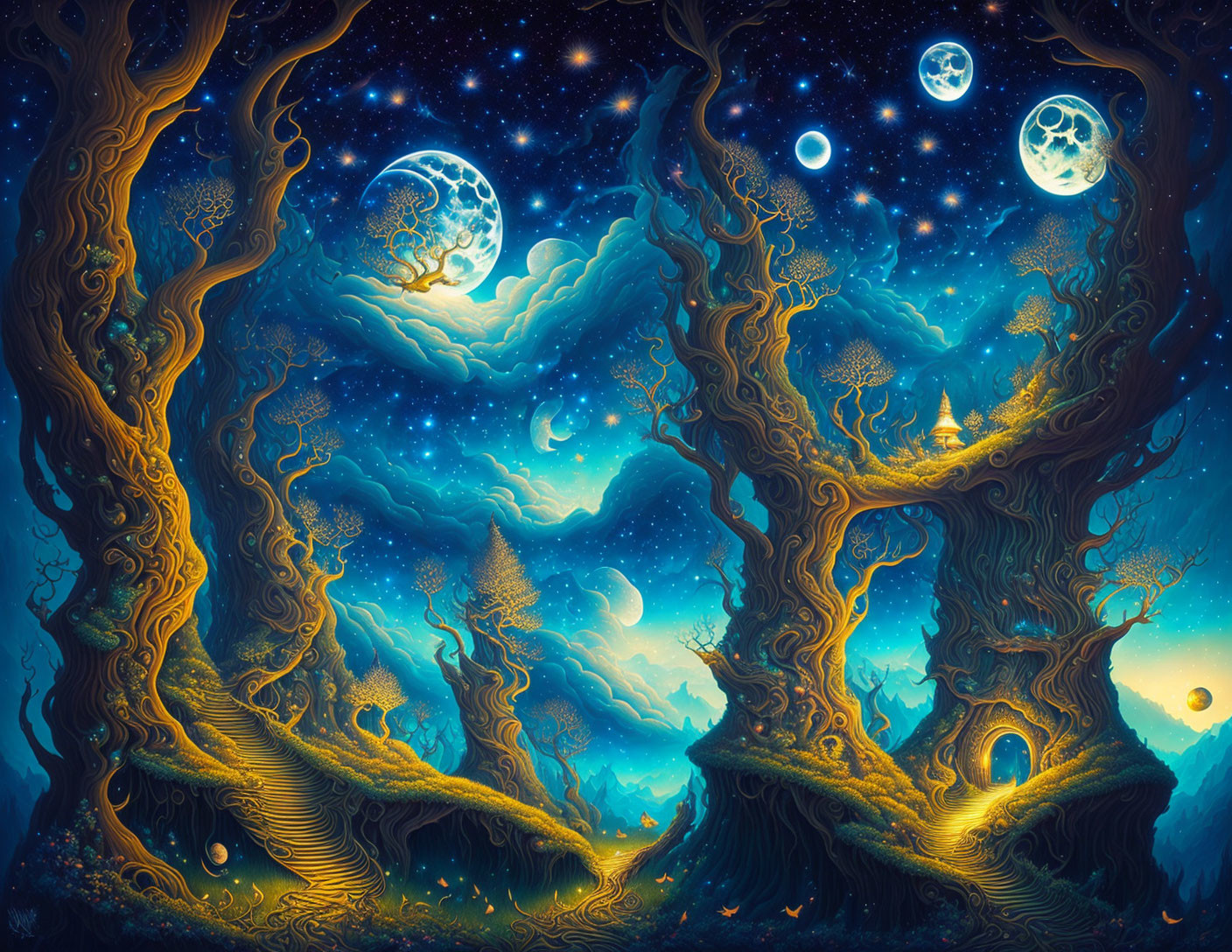 Fantastical landscape with whimsical trees and celestial moons, stars, and nebula.