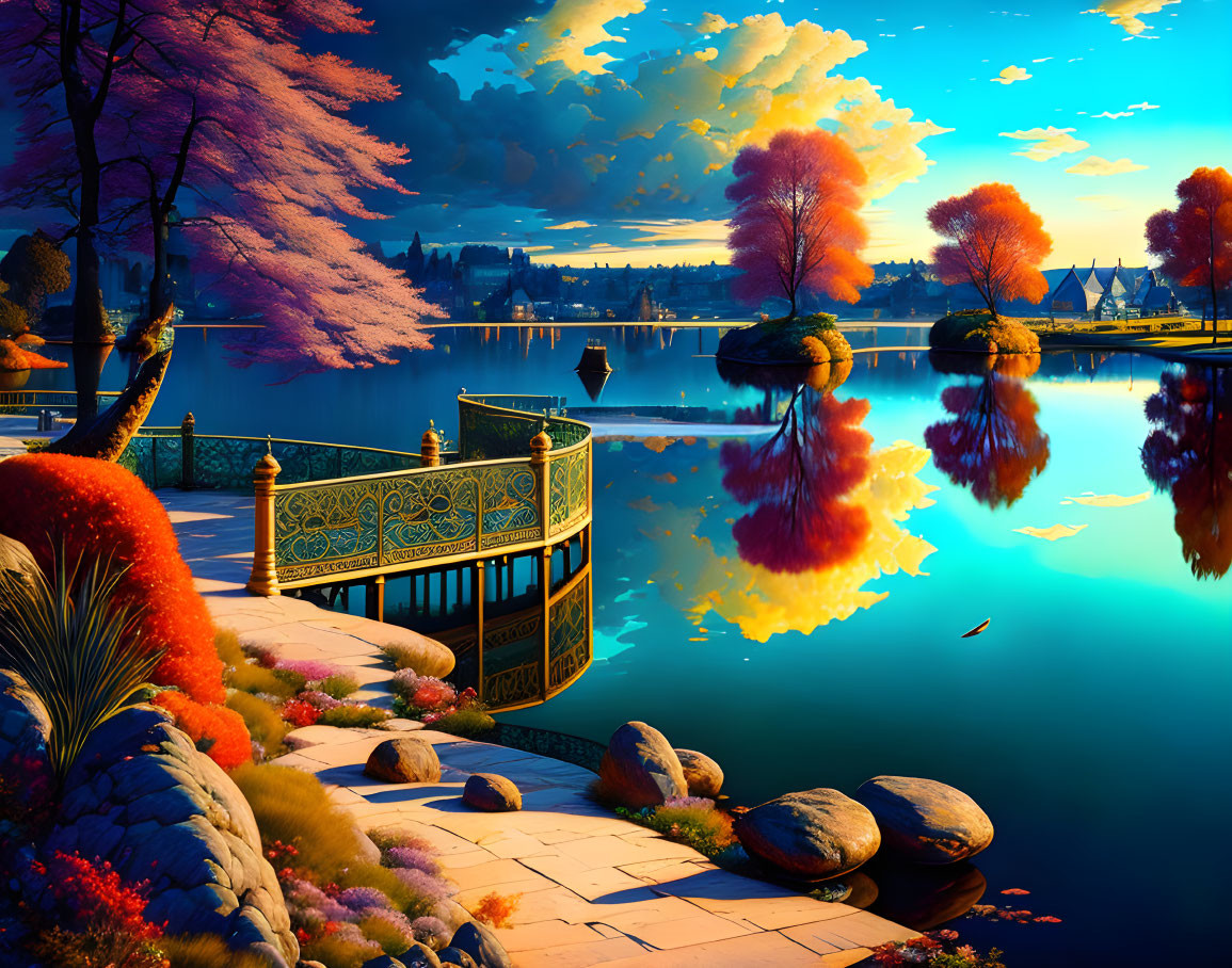 Tranquil lake at sunset with autumn trees, railing, and distant houses