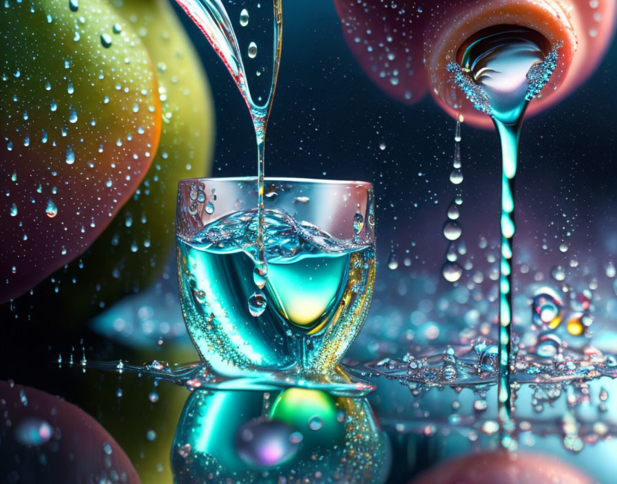 Colorful spheres and water droplets in vibrant close-up.