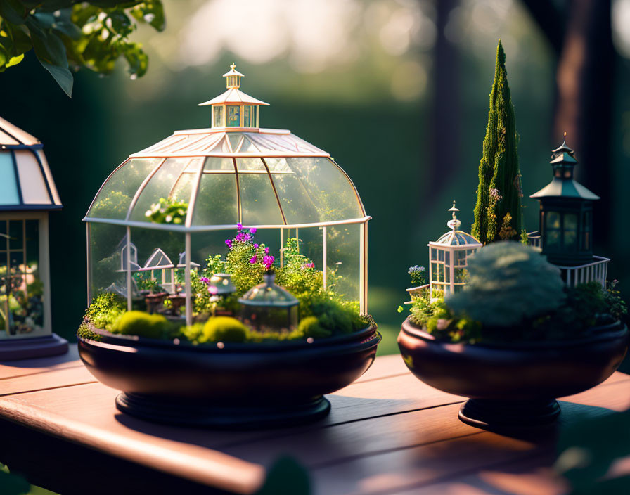 Detailed miniature greenhouse models with plants, soft sunlight, on wooden surface