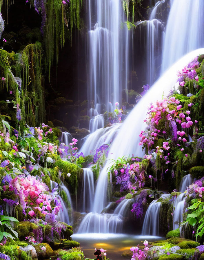 Tranquil waterfall scene with pink flowers and greenery